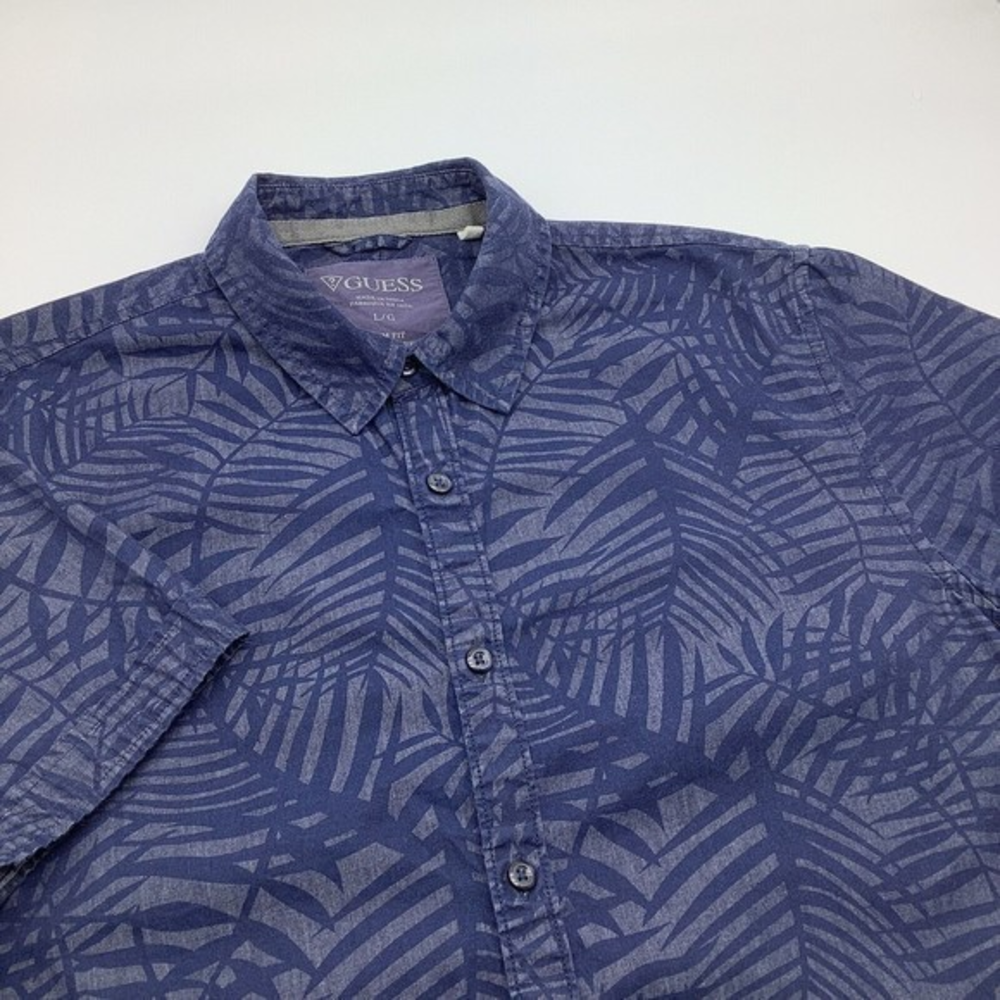 Guess Mens Slim Fit Short Sleeve Button Up‎ Shirt Blue Palm Design Size Large